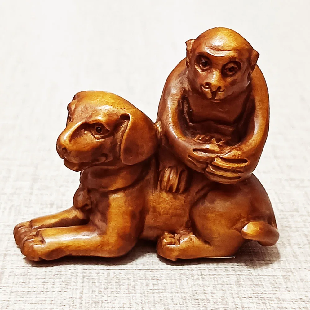 RS405 2-дюймовая резная японская самшита Нецсуке фигурка собаки-такси обезьяны
