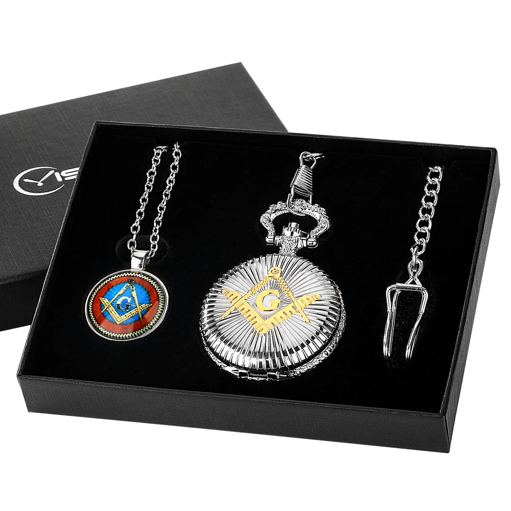 Quartz Pocket Watch Freemason Men Pocket Watch Pendant Necklace Luxury Souvenir Gift Sets for Men Fob Clock Rreloj De Bolsillo