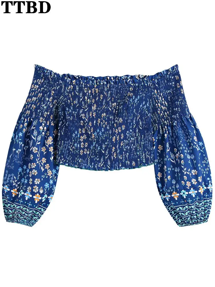

TTBD crop tops Women traf fashion floral print gathering cropped blouses vintage balloon sleeve female shirts chic tops 2022