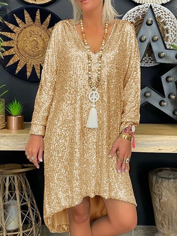 

Fashion Sequin Party Dress For Women 2022 Spring Deep V Long Sleeve Loose Casual Beach Dresses Summer Plus Size Vestido Clothing
