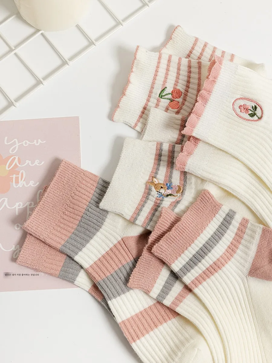 Розовые носки Женские весенне-осенние из чистого хлопка в полоску Тонкие дышащие