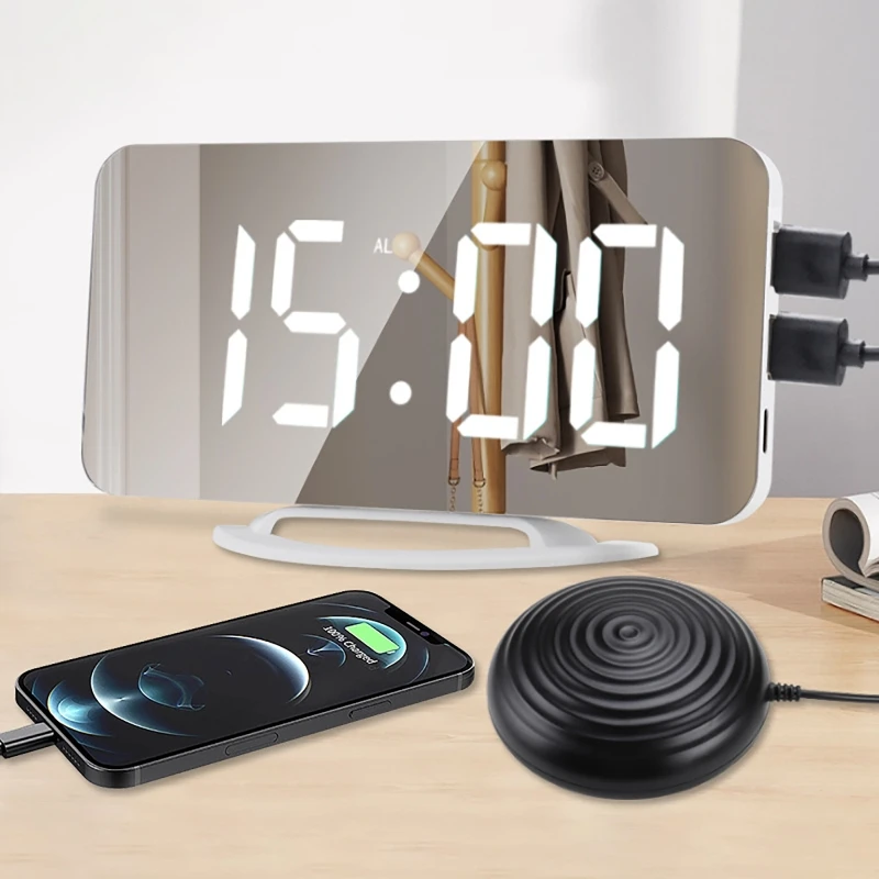 

Creative Loud Vibration Alarm Clock Digital Led Mirror Clock With Bed Shaker Adjustable Brightness For Heavy Sleepers Adult Deaf