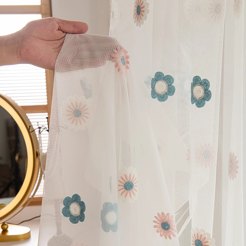 

Занавеска из вуали с цветочной вышивкой в пасторальном стиле для гостиной, занавеска из прозрачной сетки для кухни, эркера, кофейного цвета ...