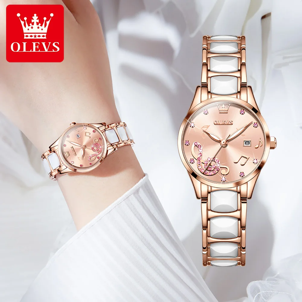 OLEVS Women Luxury Quartz Watch Top Brand Waterproof Stainless Steel Strap Fashion Women Watch Date Clock Pink
