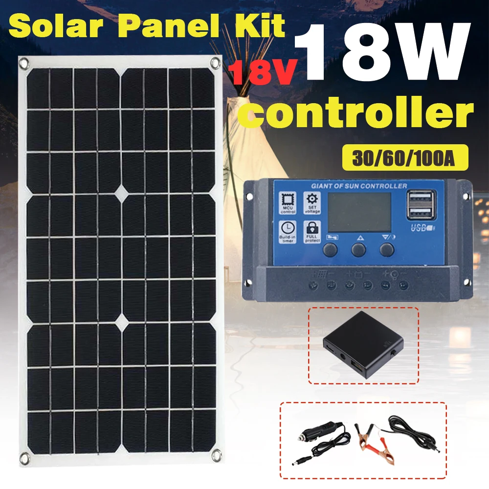

Solar System Kit USB Rechargeable 18W 18V Solar Panel Power Inverter Outdoor Camping Solar Belt 30A /60A/100A Solar Controller