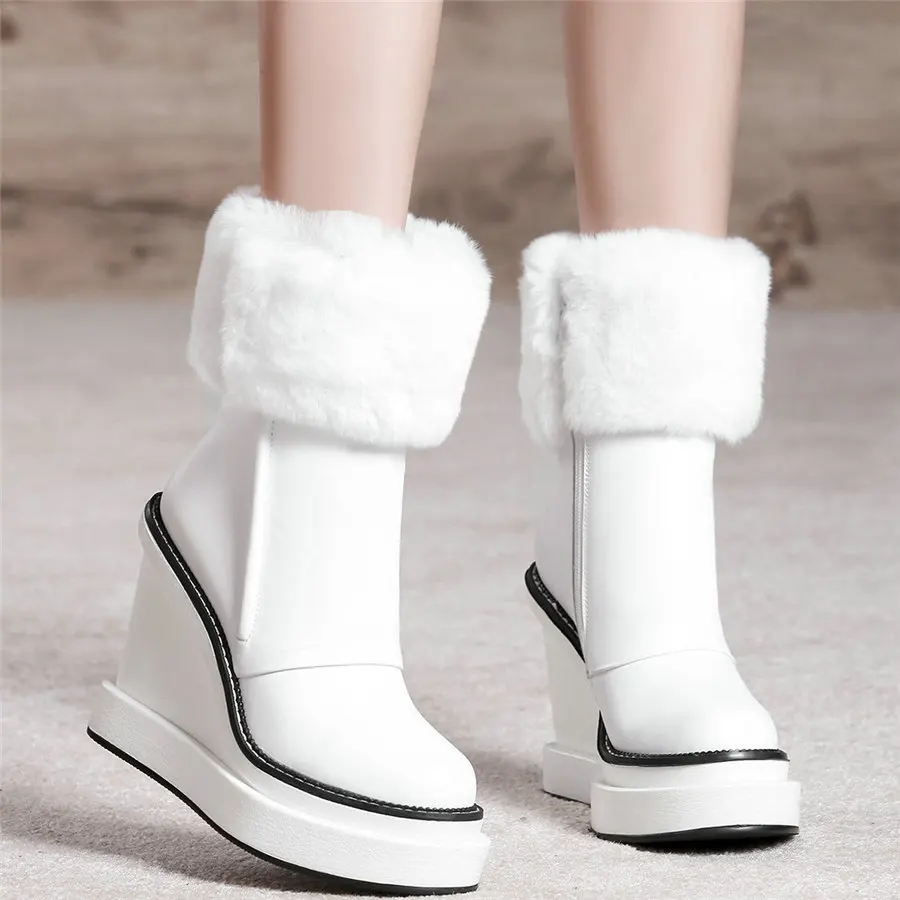 Warm Rabbit Fur Pumps Women Genuine Leather Wedges High Heel Snow Boots Female High Top Round Toe Fashion Sneakers Casual Shoes