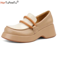 luxury genuine leather female platform shoes pope style chunky med heel wedges women dress loafers handmade 2022 spring summer