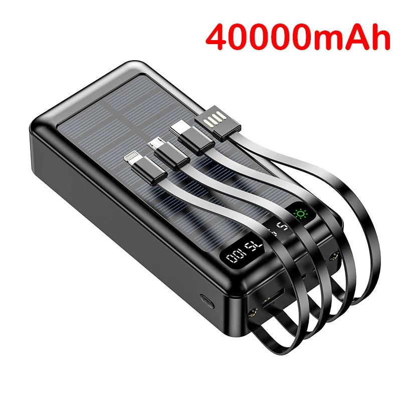 

40000mAh Solar Power Bank Built in Cable Portable Charger Digital Display Powerbank for iPhone 14 13 12 Samsung Xiaomi Poverbank