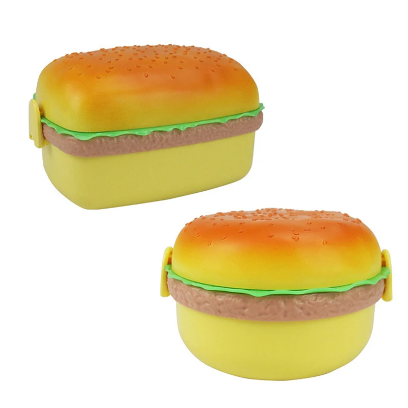 

Hamburger Lunch Box Double Tier Cute Burger Bento Lunchbox Microwave Food Container Fork Tableware Set Home Kitchen Supplies