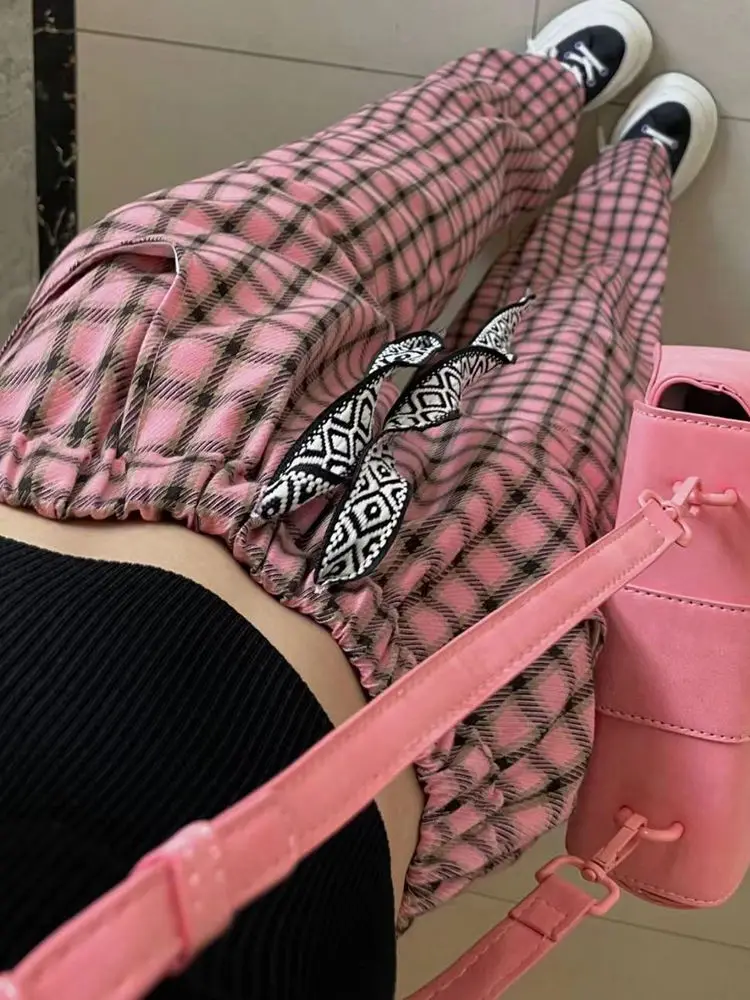 

Summer pink plaid wide-leg pants 2022 new Korean version loose drape straight drawstring high waist mopping long pants gothic