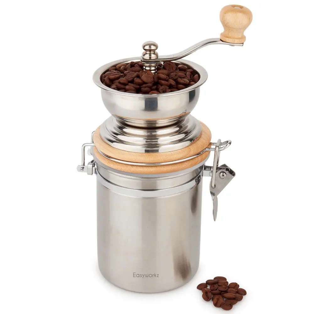 

Easyworkz Manual Coffee Grinder with Airtight Canister, Adjustable Setting, Stainless Steel Burr Bean Mill Tool