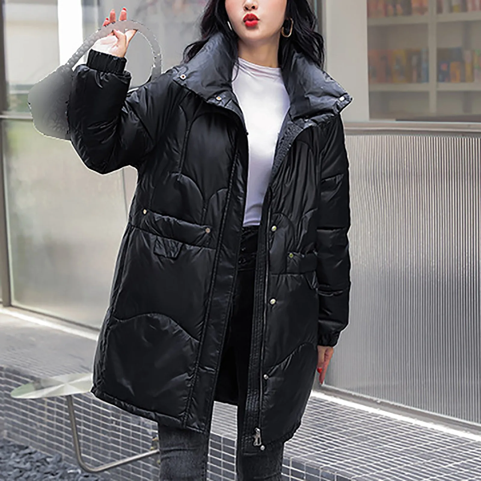 

Зимняя мода 2023, новая парка средней длины с воротником-стойкой, однотонная облегающая теплая одежда с хлопковой подкладкой, пальто, корейская Повседневная Женская куртка