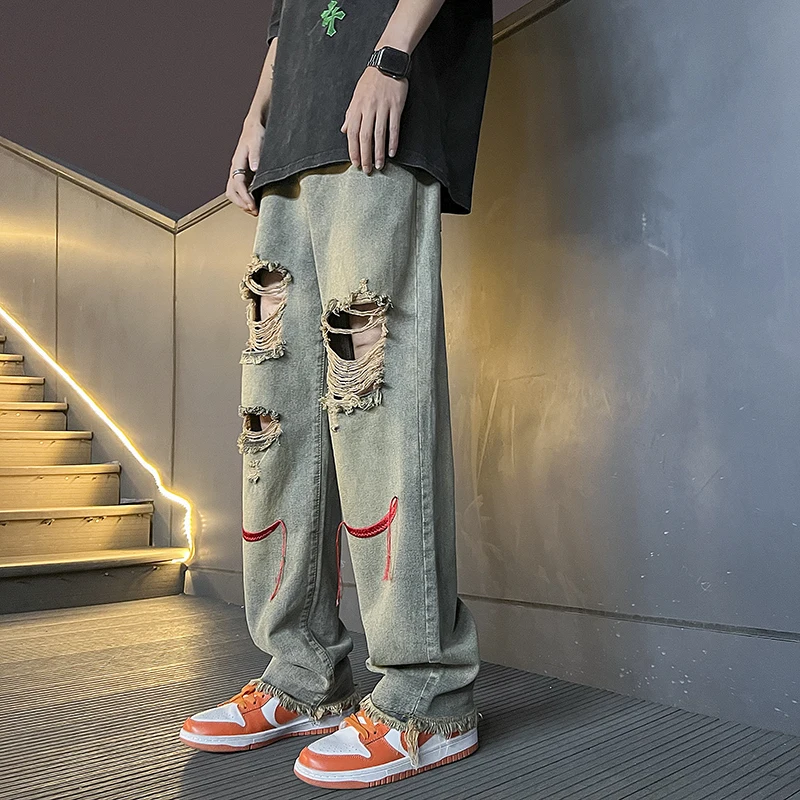 

Summer Men's Fashion Brand Washed Retro Ripped Jeans High Street Hip-hop Straight Wide-leg Pants Casual Loose All-match Pants