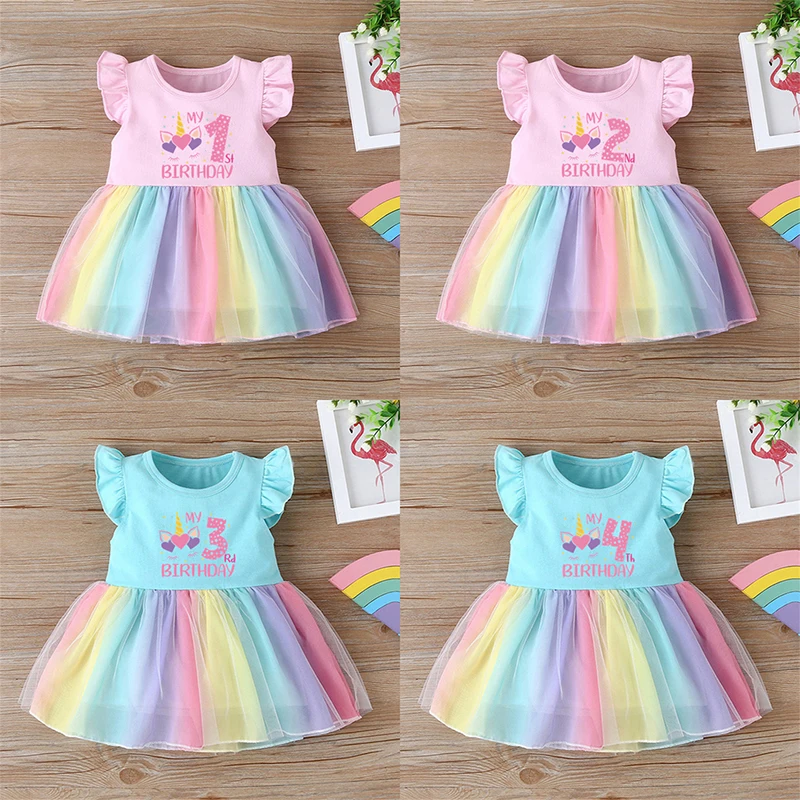 

Baby Girl Clothes 1st 2nd 3rd 4th Birthday Dress Cartoon Unicorn Cute Princess Vestidos Toddler Girls Rainbow Mesh Party Dresses
