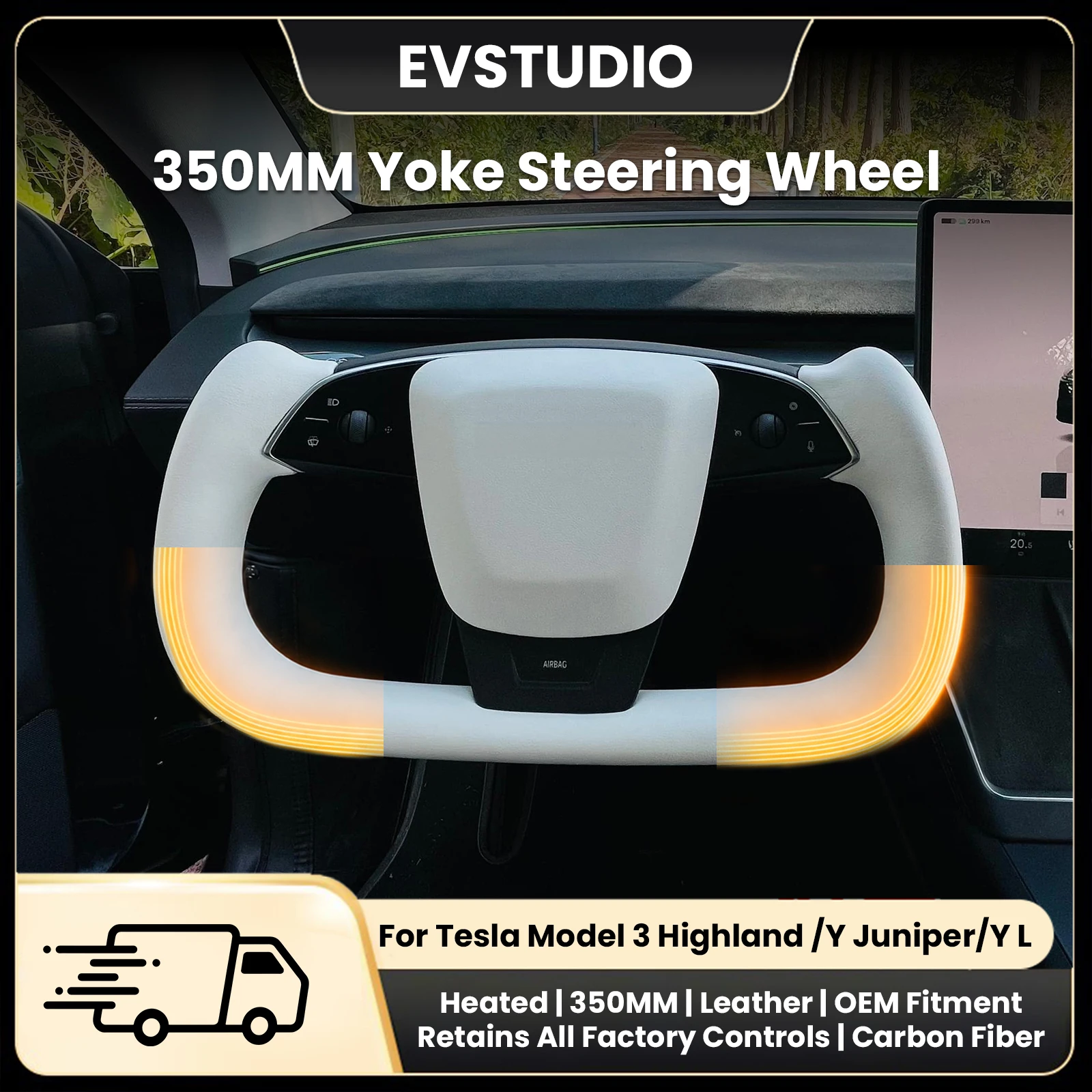 Фото Персонализированный спортивный руль для Tesla Model 3 Highland/Y L/Y Juniper из премиальной кожи Nappa с карбоновыми вставками и подогревом №1