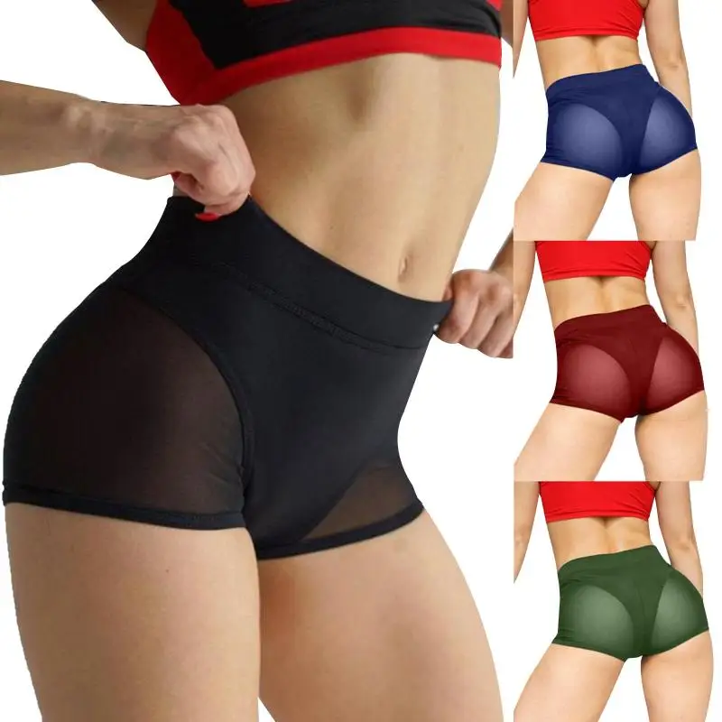 

Women High Waist Shaper Pants Sexy Workout Fitness Shorts Female Dance Shorts See-Through Mesh Patchwork Pole Dancing Clubwear