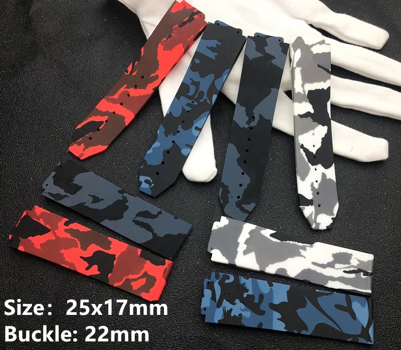 

25x17mm Red Blue black Grey camo camoflag Silicone For Hublot belt for Big Bang strap Watchband watch band with HUB logo on
