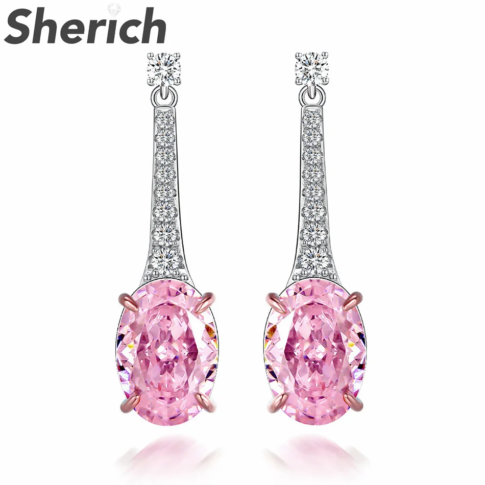 

Sherich Pink 11ct Oval Ice Flower Cut High Carbon Diamond S925 Sterling Silver Fashion Elegant Long Drop Earrings Women Jewelry