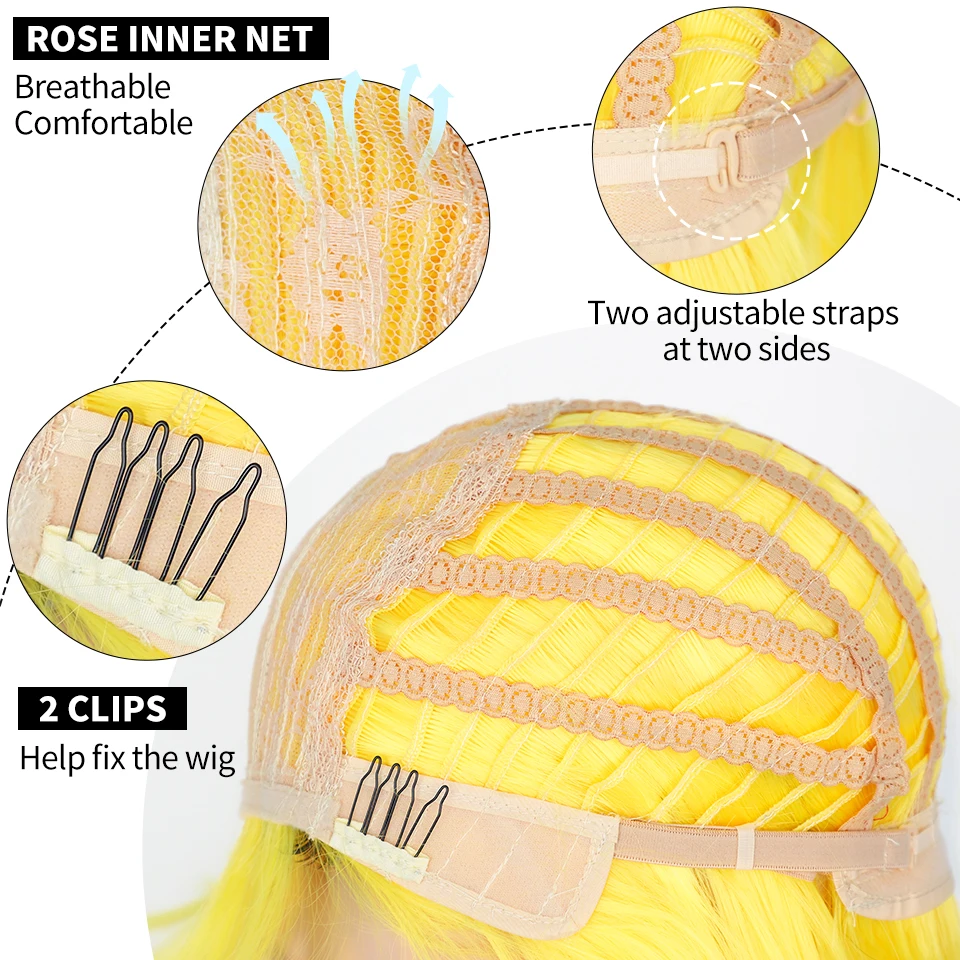 AISI HAIR Synthetic Short Straight Yellow Wig With Bangs Pink Blonde Black Bob Wig for Women Cosplay Wig
