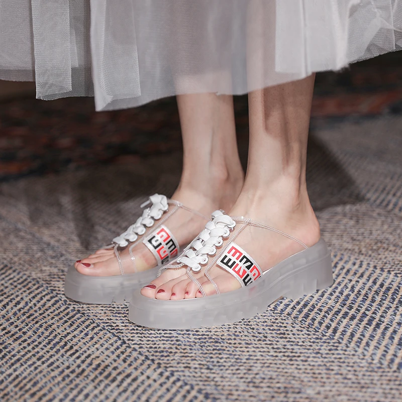 

Brand Women's Summer Fashion Cross Ties Transparent Slippers Slide Sandals Outside Beach Shoes Designer Ladies Platform Slippers