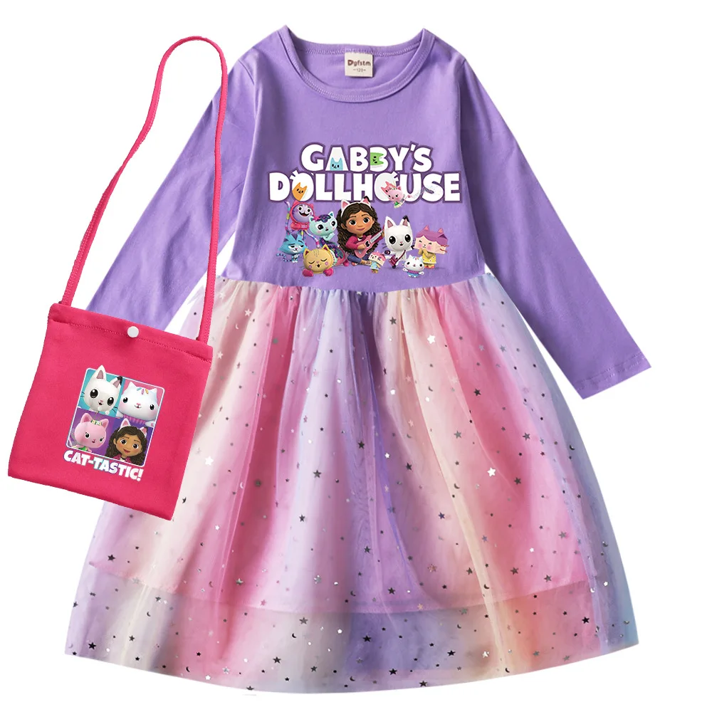 Gabby Dollhouse Cats Dress Kids Wedding Party Sequin Dress Baby Girls Long Sleeve Dresses with Small Bag Birthday Gifts Vestidos