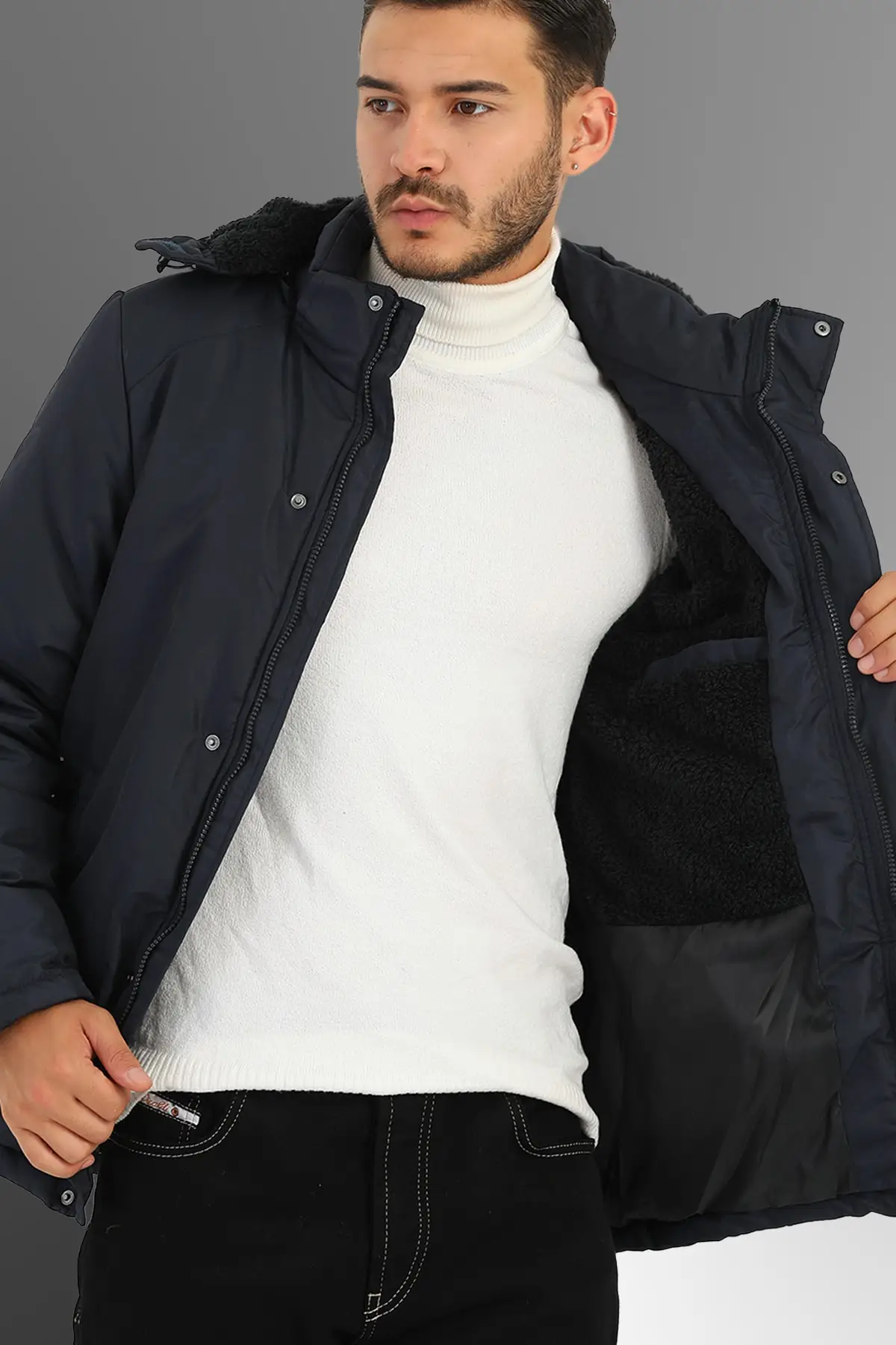 Men's Fleece Lined Detachable Hooded Waterproof Navy Blue Coat