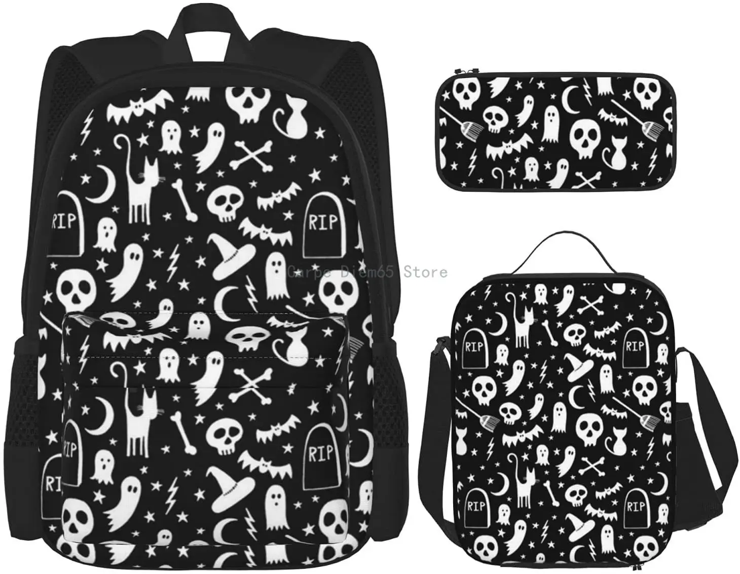 

Spooky Halloween Black Backpack Set 3-Piece Teen Boys Girls Backpack Messenger Lunch Bag Pencil Case Set