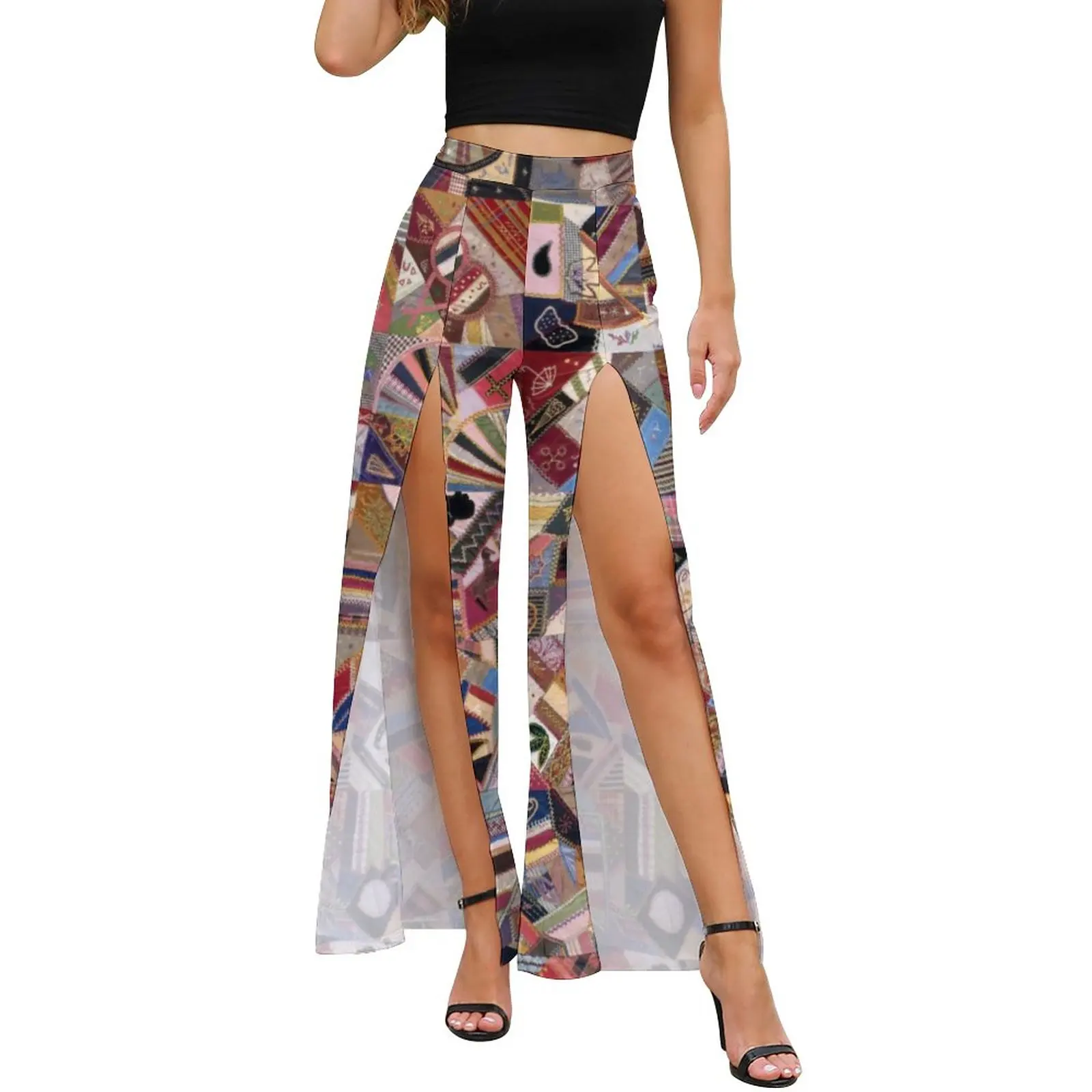 

Patchwork Quilt Pants Womens Abstract Vintage Print Trendy Printed Wide Leg Pants Summer Slit Streetwear Trousers