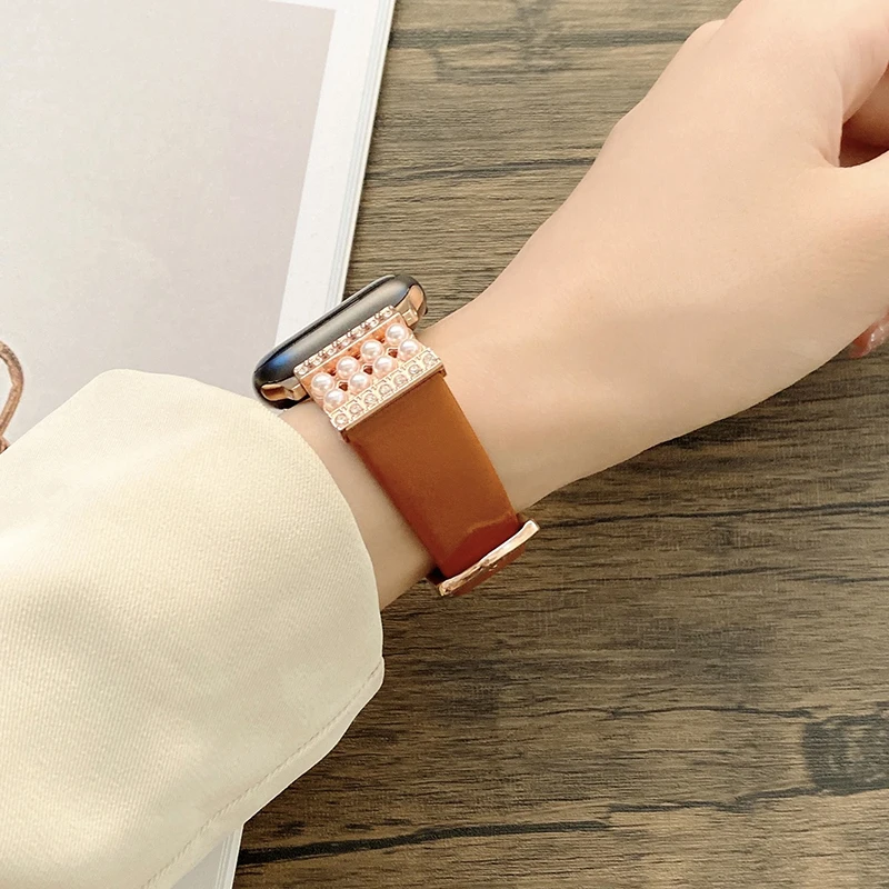 Leather Pearl Strap For Apple watch band 7 45mm 41mm 40mm 44mm 38mm 42mm Diamond Wristband Bracelet For apple watch series 6 SE5