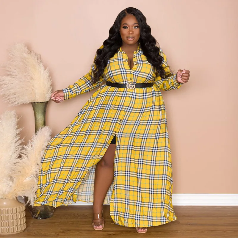 

ChocoMisty-LadyPlus платья больших размеров клетчатое дизайнерское платье с отложным воротником Макси платье