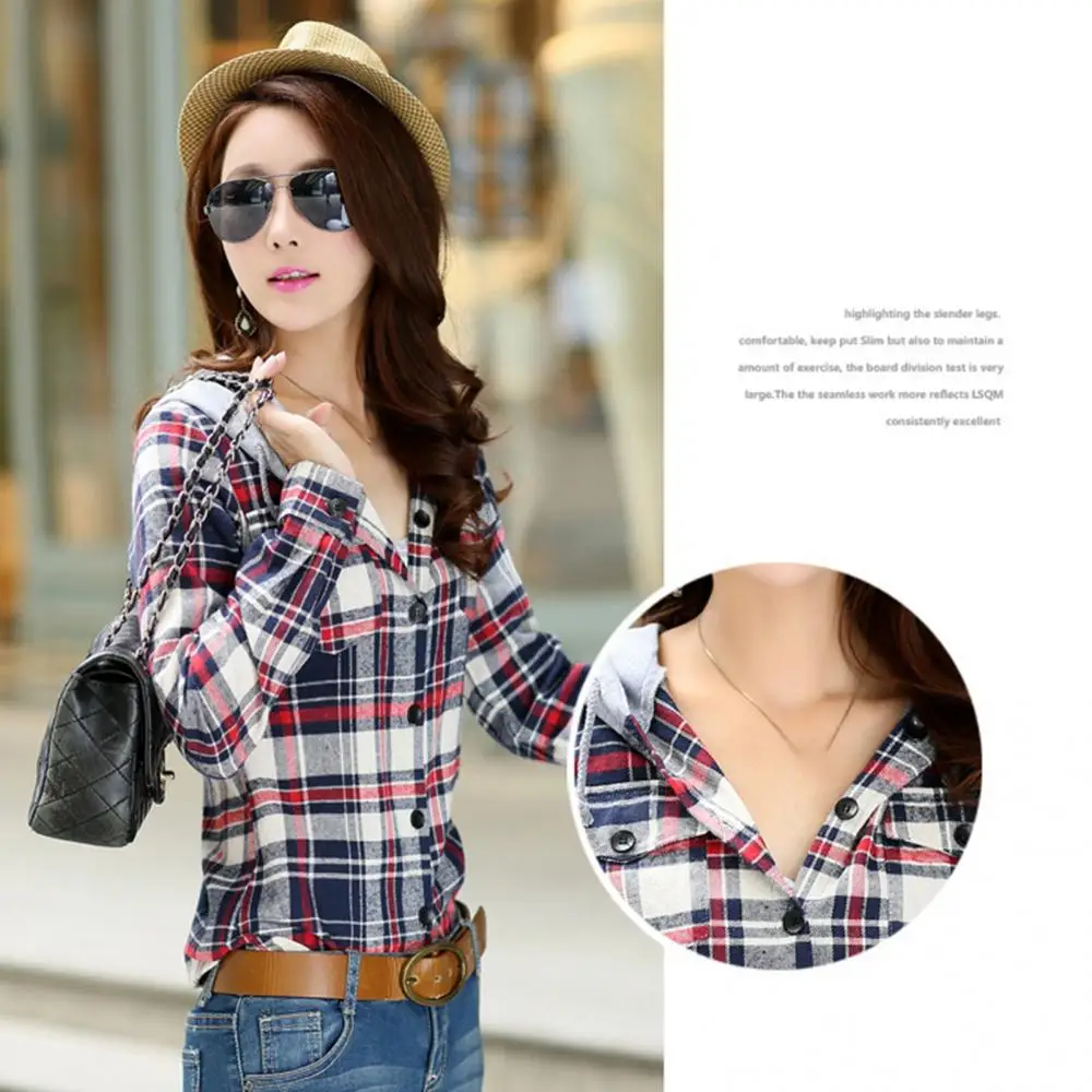 

Classic Long Sleeve Loose Women Fashion Plaid Hood Button-up Cotton Shirt Coat