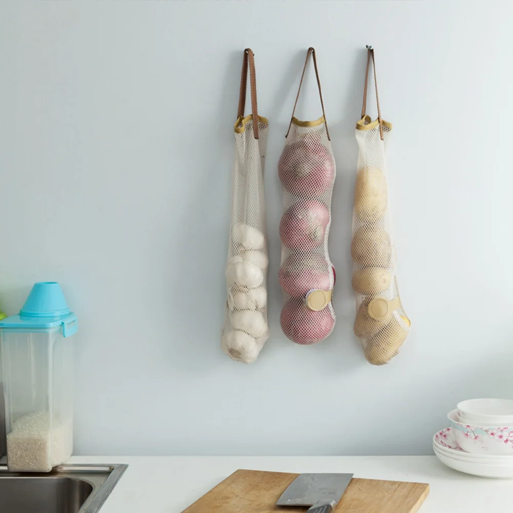 

Mesh Hanging Fruit Vegetable Storage Net Bag Portable Handle Kitchen Multi-function Hollow Breathable Garlic Onion Storage Bags