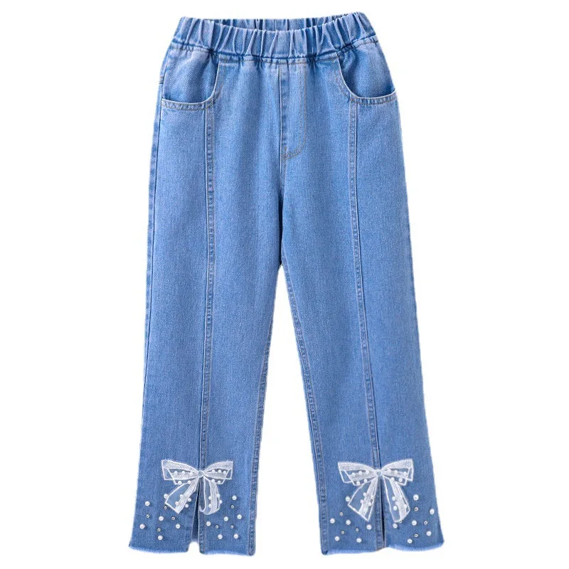 

Джинсы для девочек, демисезонные свободные прямые брюки из денима, детские брюки с бантом, детская одежда, джинсы для девочек-подростков с ж...