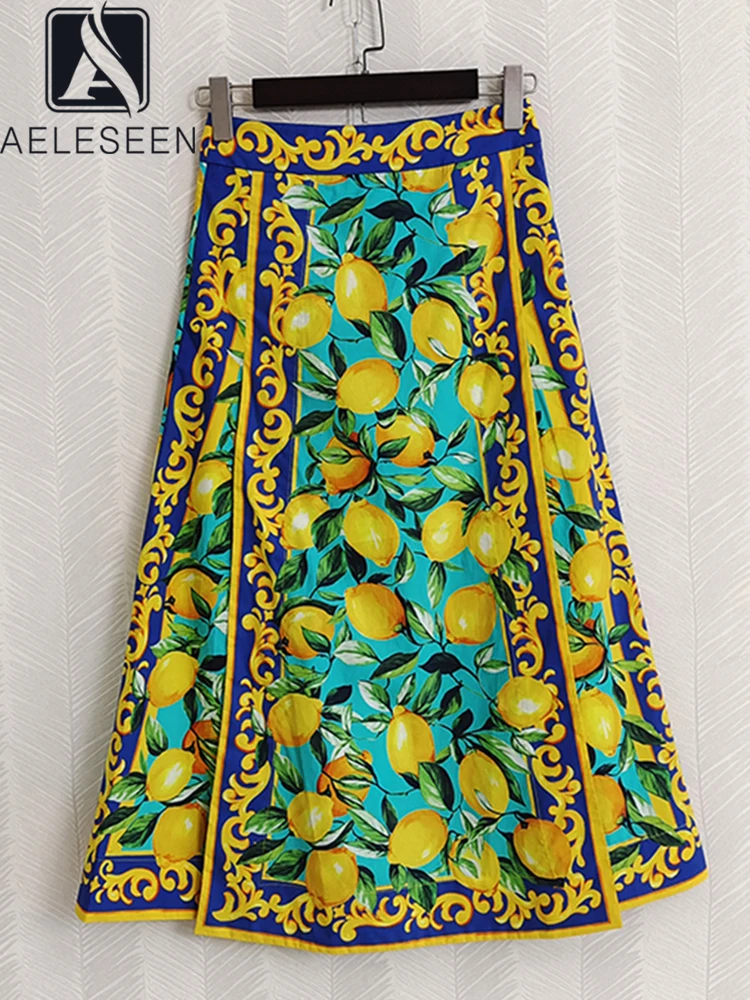 

AELESEEN Sicilian Skirt Women 2022 Summer 100% Cotton Runway Fashion Lemon Printed High Waist Design New Holiday Midi Poplin