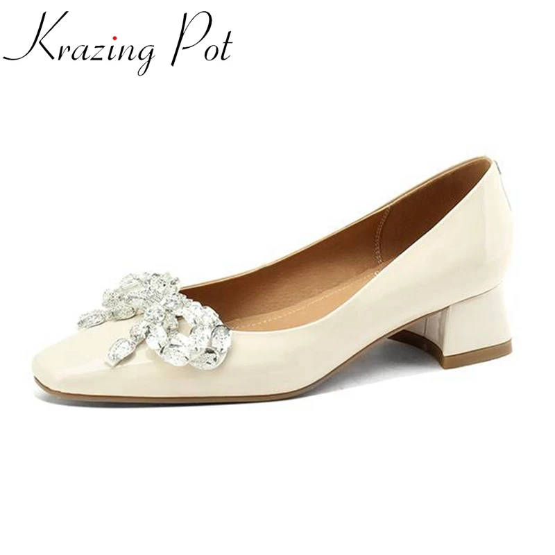 

Krazing Pot Cow Split Leather Square Toe Med Heels Spring Shoes Butterfly-knot Shallow Dating Solid Slip on Bling Grace Pumps