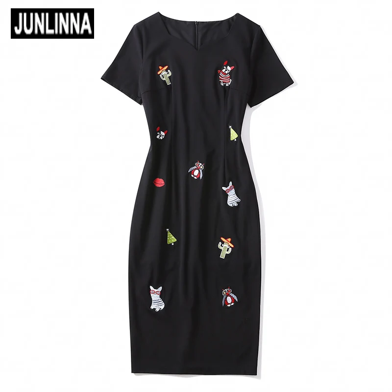 

JUNLINNA Fashion Designer Embroidery Dress Spring Summer Women Black Colour V Neck Short Sleeve Sliming Vestidos Party Vacation