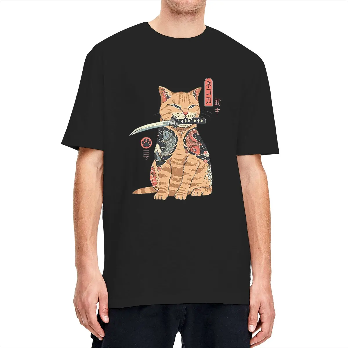 

Fashion Casual Tshirt Anime Samurai Cat Print Tshirt Men Cotton Short Sleeve Men Women Japanese Neko Funny Harajuku Oversized