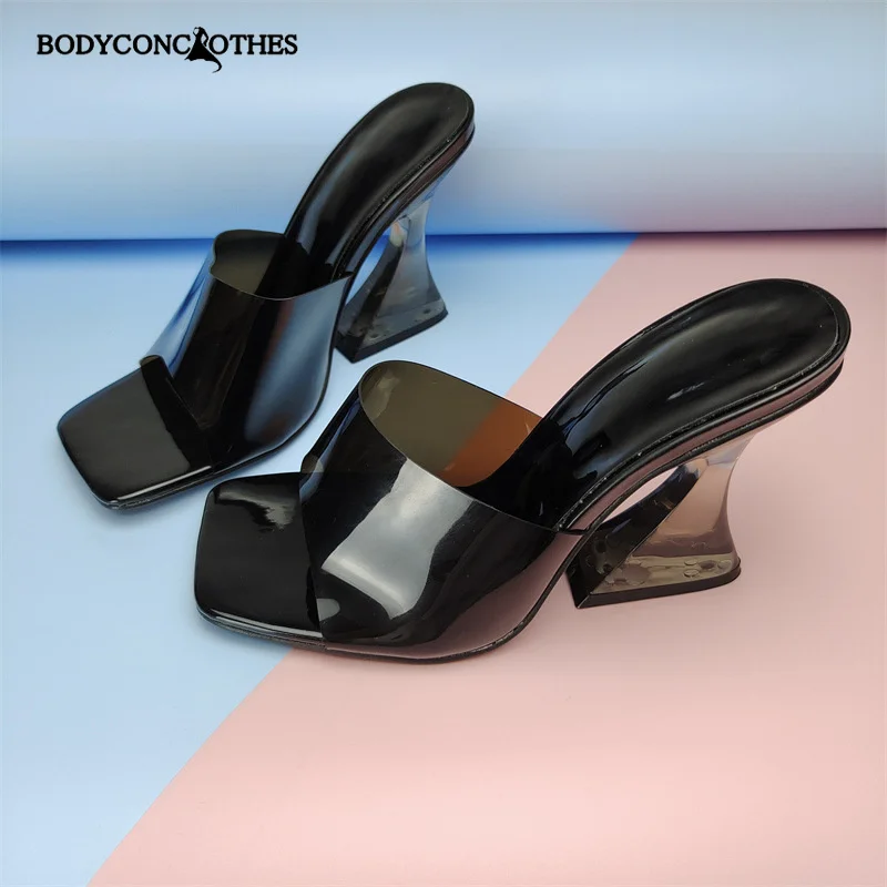 Сандалии женские прозрачные на квадратном каблуке ПВХ платформа Роскошные