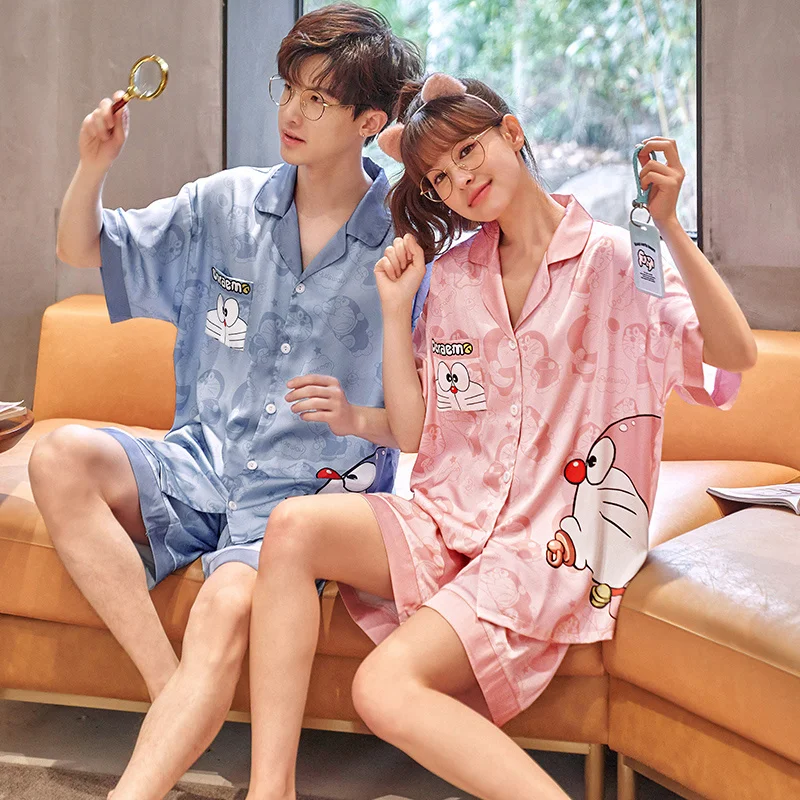 

Anime Doraemon Adult Pajama Sets Women Men Home Clothes Couple Pijama Suit Korean Loose Pyjama V-Neck Silk Slpwear