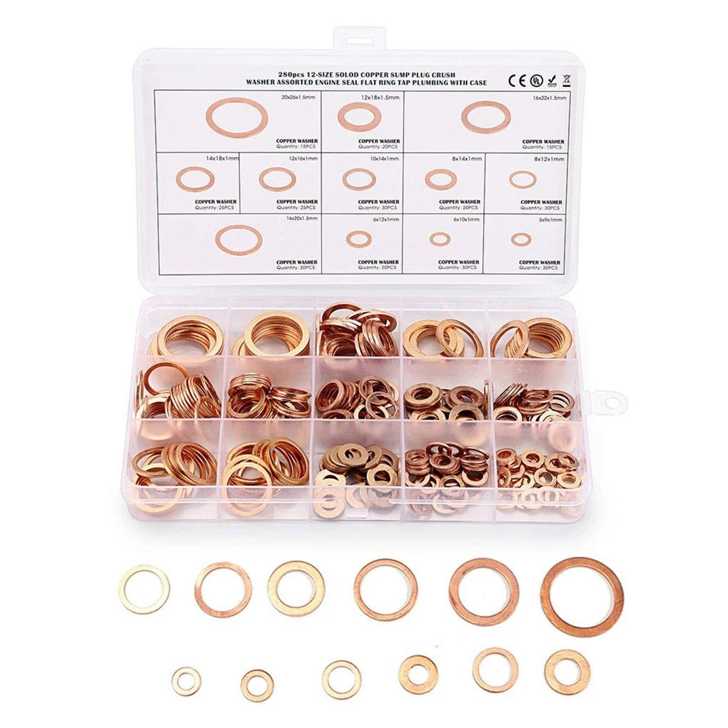 

280Pcs Set Copper Gasket Assortment Cable Sealing Ring Business Industrial Factory Woodworking Washer Tool Hardware