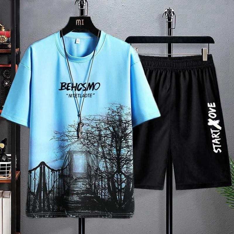 Two Piece Set Summer  Men Clothing Architectural Graphic Print Top Shorts High Street Hip Hop Sports Suit Men Outfit Set