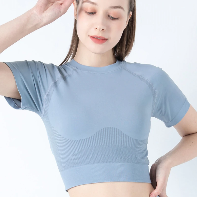 

Yoga Shirts Short Sleeve Solid Color Knitted Women Fitness Crop Top Workout Gym Clothes Sportswear Running T-shirts 5 Colors