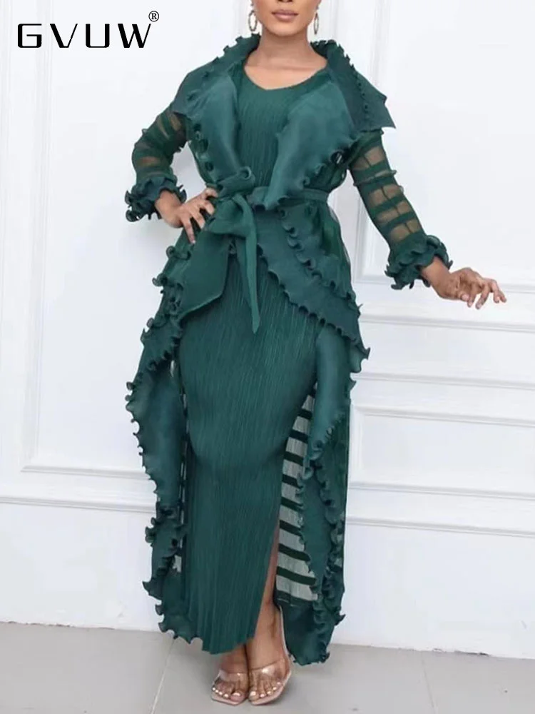 

GVUW Heavy Industry Pleated Two Piece Set For Women Solid Full Sleeve Evening Dress Lace-up Gauze Trench Female 2023 New 17G2394