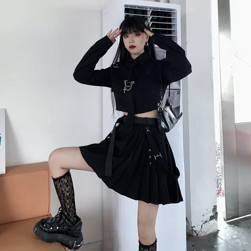 EMO Gothic Cargo Shirt Suit Egirl Punk Chain Ribbon Skirts Goth Dress Autumn Streetwear Harajuku Black Grunge Aesthetic Clothes images - 6