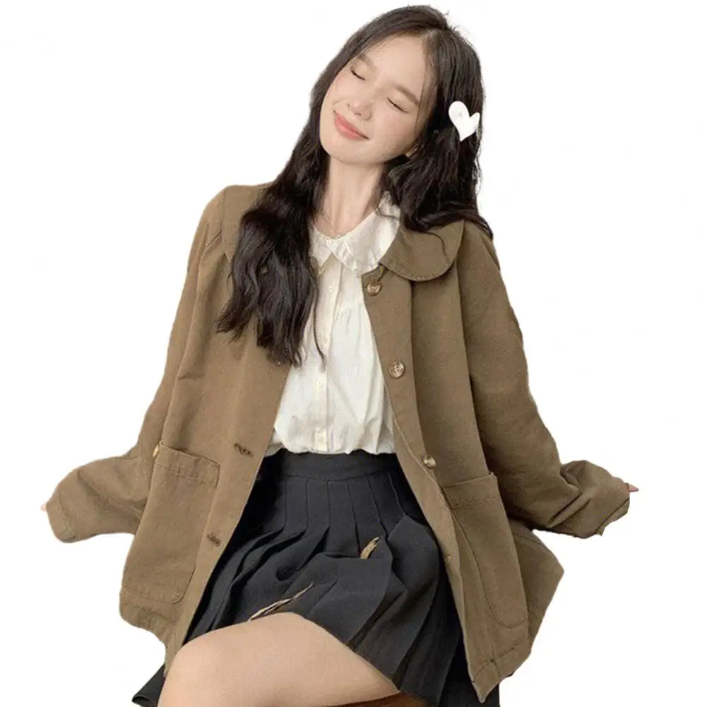 

Women Solid Color Jacket Chic Korean-inspired Doll Collar Coat with Big Pockets Loose-fit Single-breasted for Spring Autumn