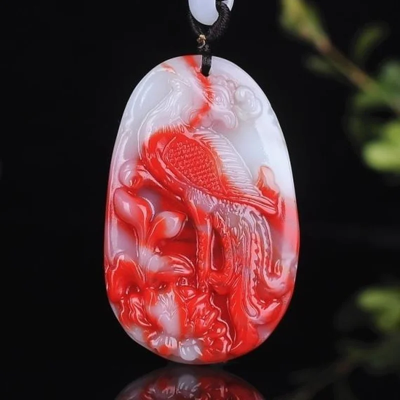 

Natural Xinjiang Hotan Jade Chicken Blood Jade Phoenix Pendant Female Phoenix Peony Pendant Sweater Chain