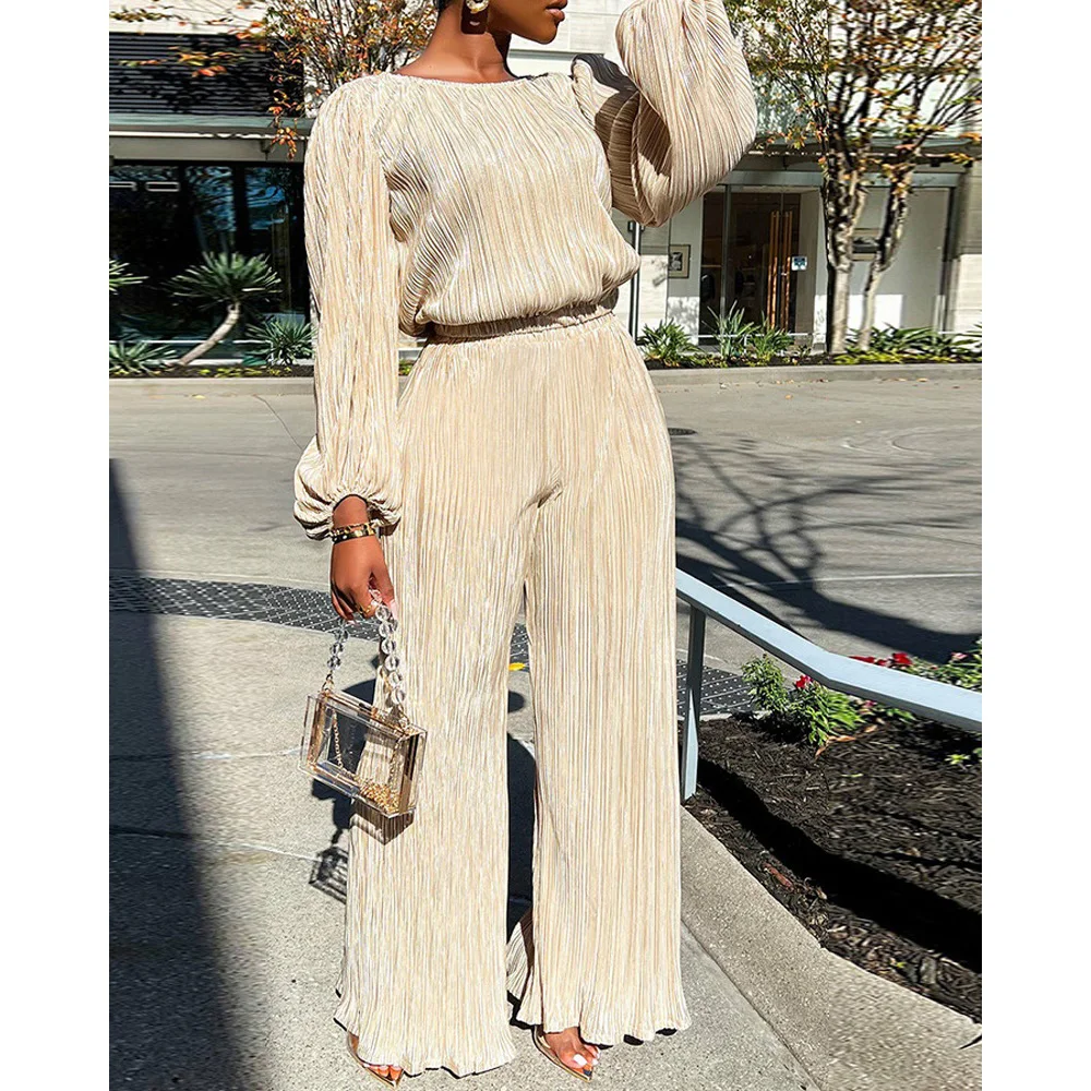 

2022 Autumn New Style Women Fashion Long Sleeve O neck Top & Wide Leg Pants Set Flare Pants Set Sexy Outftis Femme