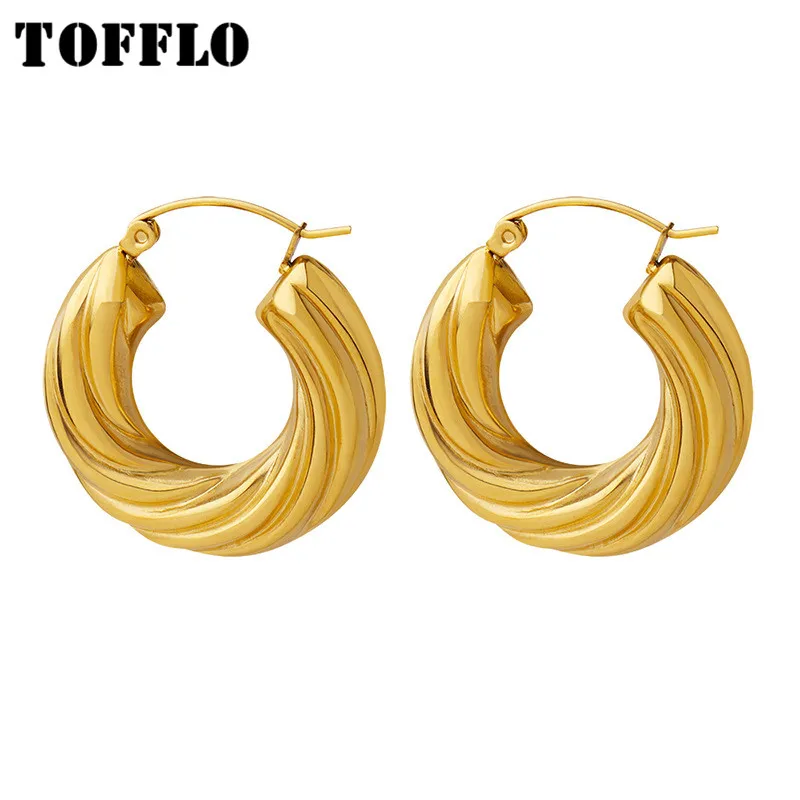 

TOFFLO Stainless Steel Jewelry Fried Dough Twist Circle Large Earrings Female Fashion C-Shaped Earrings BSF270