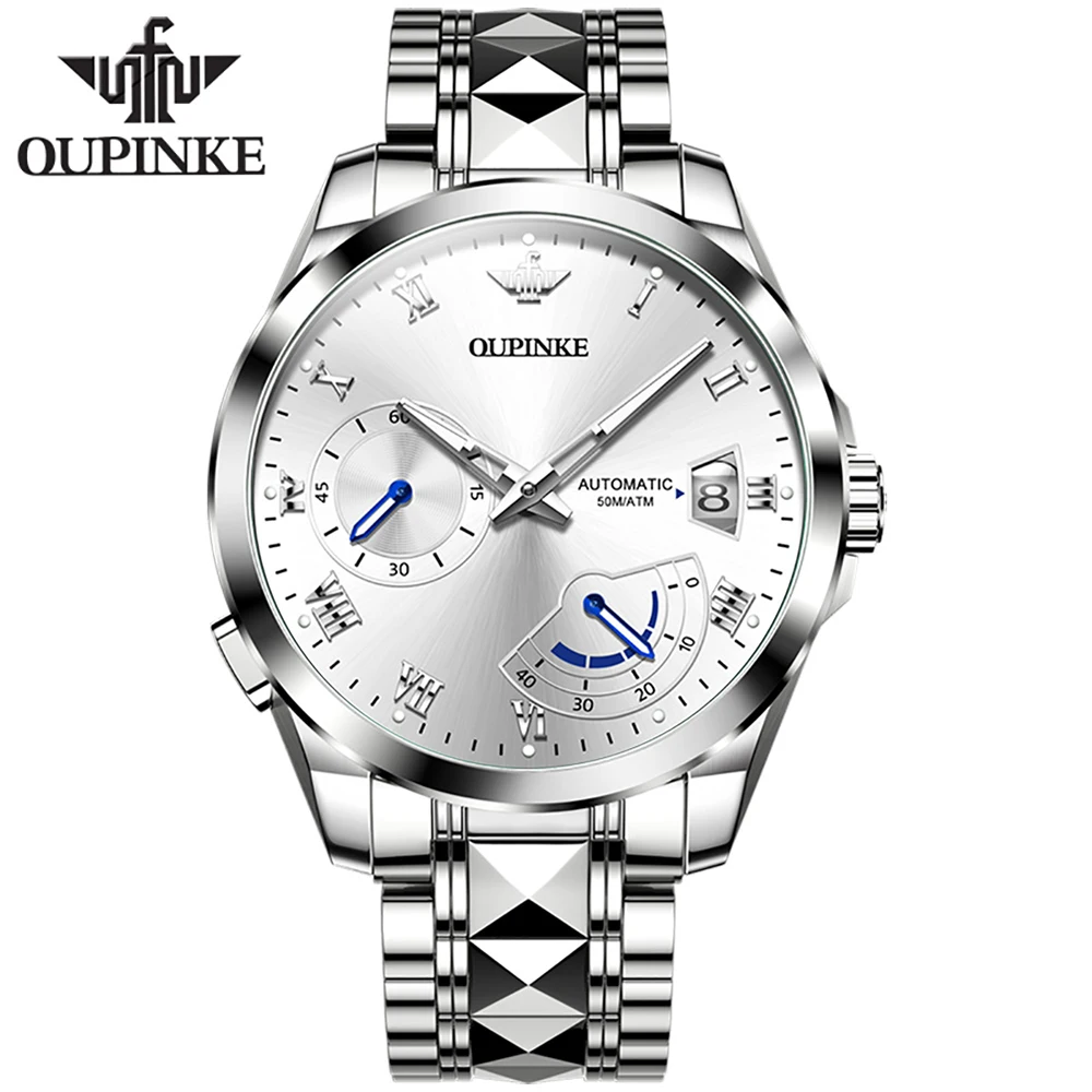 

OUPINKE Business Automatic Watch Men Mechanical Wristwatches Brand Luxury Sapphire White Mens Watch Original Tungsten Steel