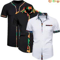 Summer New White Short-sleeved Shirt Men's Single Breasted Lapel Patchwork Shirts Black African Print Top